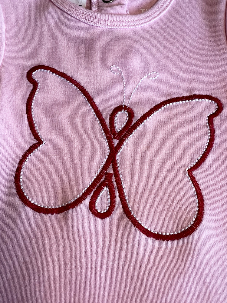 Tiny Tribe pink snapsuit with Red butterfly2